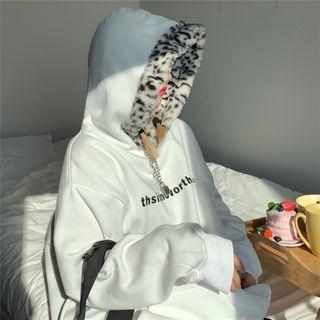 Leopard Furry Trim Lettering Hoodie