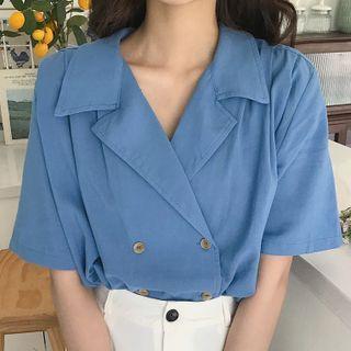 Elbow-sleeve Notch Lapel Double-breasted Shirt / High-waist Shorts