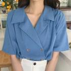 Elbow-sleeve Notch Lapel Double-breasted Shirt / High-waist Shorts