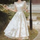 Short-sleeve Square-neck Floral Lace Midi A-line Dress
