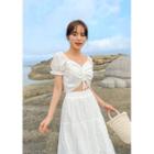Drawcord Eyelet-lace Crop Blouse White - One Size