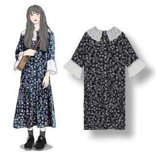 Bell-sleeve Printed Eyelet Lace Panel Midi Chiffon Dress Black - One Size
