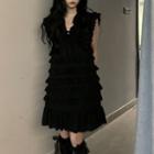 Sleeveless Ruffle Trim Mini A-line Dress Black - One Size