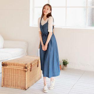 Tie-waist Buttoned Long Pinafore Dress