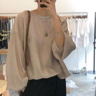 Long-sleeve Plain Blouse / Drawstring-cuff Pants