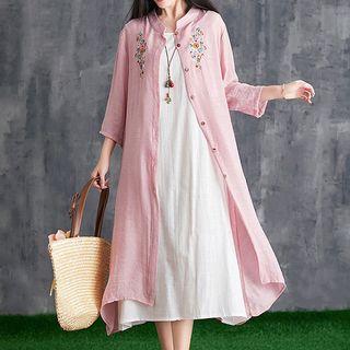 3/4-sleeve Floral Long Jacket