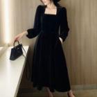 Long-sleeve Square-neck Velvet A-line Midi Dress