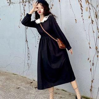 Long-sleeve Collared Midi A-line Dress Dress - Black - One Size