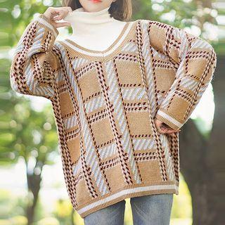 Plaid Turtleneck Mock Two-piece Sweater Light Coffee - One Size