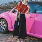 Mock Two-piece Elbow-sleeve Collared Midi A-line Dress