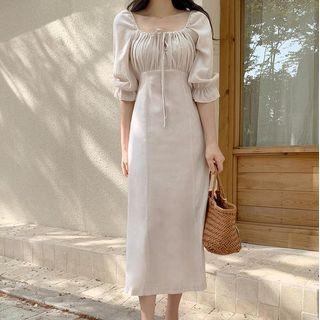Elbow-sleeve Bow Detail Midi A-line Dress