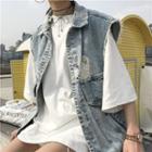 Distressed Loose-fit Denim Vest As Figure - One Size