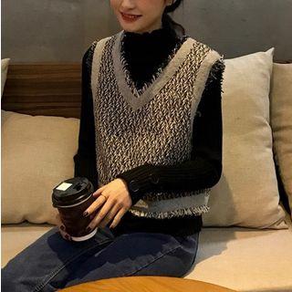 Long-sleeve Mock Neck Knit Top / V-neck Knit Vest