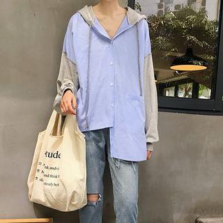 Color Block Drop Shoulder Hooded Blouse