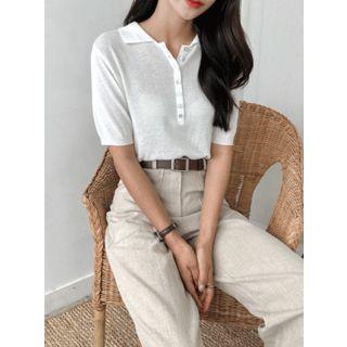 Linen Blend Rib-knit Polo Shirt