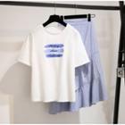 Set: Short-sleeve Lettering T-shirt + Striped Asymmetric Midi Skirt
