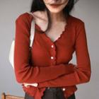 Long-sleeve Frill Trim Buttoned Knit Top Brick Red - One Size
