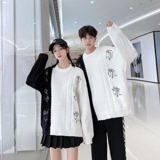 Couple Matching Two-tone Cartoon Print Sweater