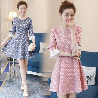 Bell- Sleeve Dotted Crewneck A-line Sheath Dress
