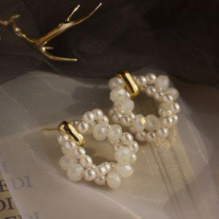 925 Sterling Silver Faux Pearl Hoop Earring 1 Pair - As Shown In Figure - One Size
