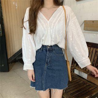 V Collar Lace Long-sleeved Shirt White - One Size