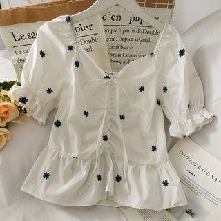Off-shoulder Embroidered Drawstring Top