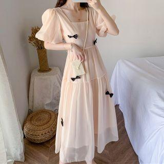 Balloon-sleeve Bow Midi A-line Mesh Dress