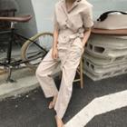 V-neck Tie Waist Short-sleeve Jumpsuit
