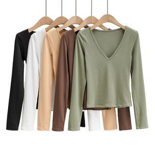 Long Sleeve V-neck Plain Top