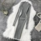 Long-sleeve Mock Neck Midi Rib-knit Dress