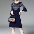 Set: Striped Bell-sleeve Knit Top + Pinafore Dress