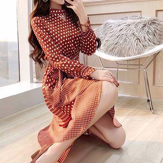 Polka Dot A-line Chiffon Dress With Sash
