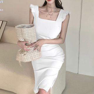 Sleeveless Square Neck Frill Trim Sheath Dress