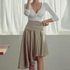 Set: Elbow-sleeve Plain Knotted T-shirt + High-waist Plain Asymmetric Skirt