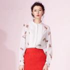 Chinese Zodiac Print Pleated Front Band Collar Shirt