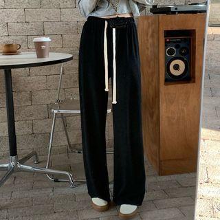 High-waist Drawstring Plain Shift Wide-leg Pants