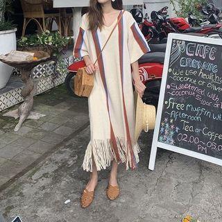 Short-sleeve Striped Tassel Trim Midi A-line Dress Milky White - One Size