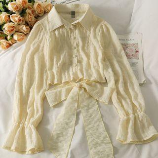 Ribbon-back Bell-sleeve Crop Shirt Yellow - One Size