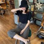 Set: Puff-sleeve Crop Top + Cropped Wide Leg Check Pants