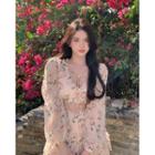 Puff-sleeve Floral Blouse / Skirt