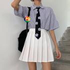 Elbow-sleeve Striped Shirt / Flower Print Tie / Pleated Skirt / Set