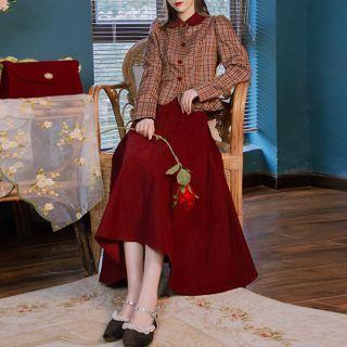 Set: Plaid Ruffle Hem Blouse + Plain Midi A-line Skirt