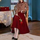 Set: Plaid Ruffle Hem Blouse + Plain Midi A-line Skirt