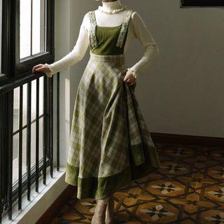 Set: Turtleneck Ribbed Knit Top + Plaid Midi Overall Dress