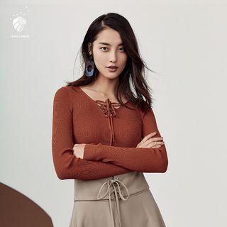 Lace Up Front Long Sleeve Knit Top