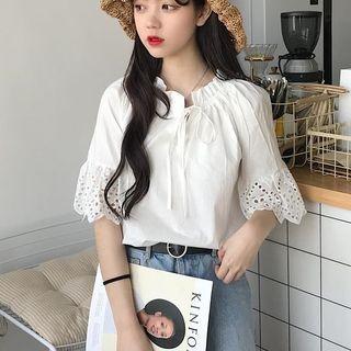 Elbow-sleeve Perforated Panel Blouse