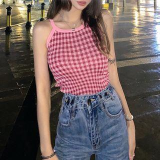 Halter-neck Plaid Tank Top Pink - One Size