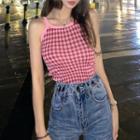Halter-neck Plaid Tank Top Pink - One Size