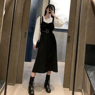 Long-sleeve Plain Top / Plain Pinafore Dress