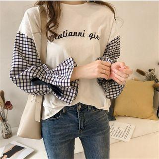 Mock Two-piece Check Panel Ruffled Top